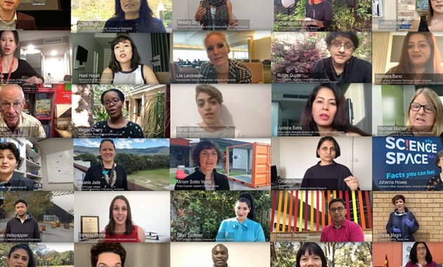 A montage of photos of people appearing in the video.