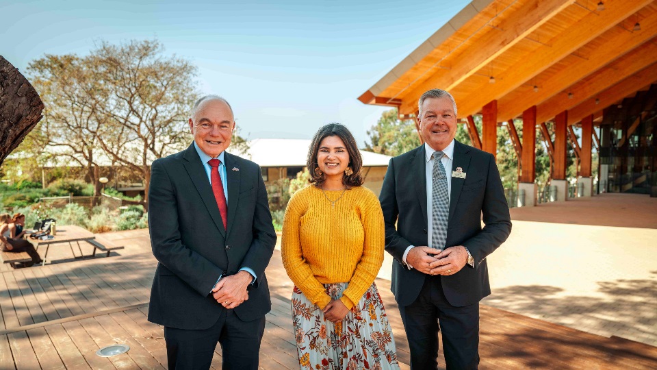 Murdoch University Vice Chancellor Andrew Deeks with Brighter Futures Scholar Kimberley and City of Canning Mayor Patrick Hall Murdoch University Vice Chancellor Andrew Deeks with Brighter Futures Scholar Kimberley and City of Canning Mayor Patrick Hall