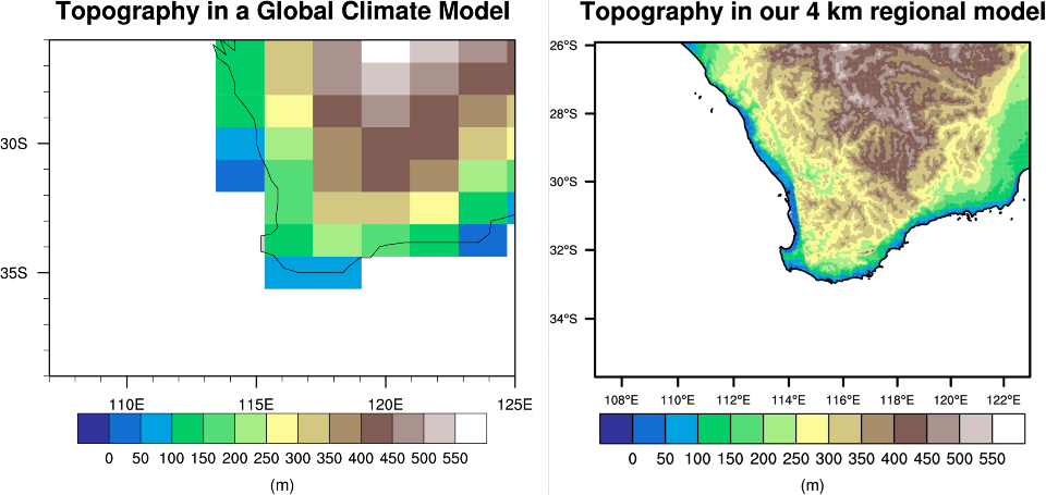Topography map showing difference in resolution of global climate model and regional model.