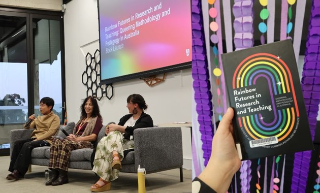 (Left) Three panelists sit side by side, smiling. (Right) A hand holds a copy of the book.