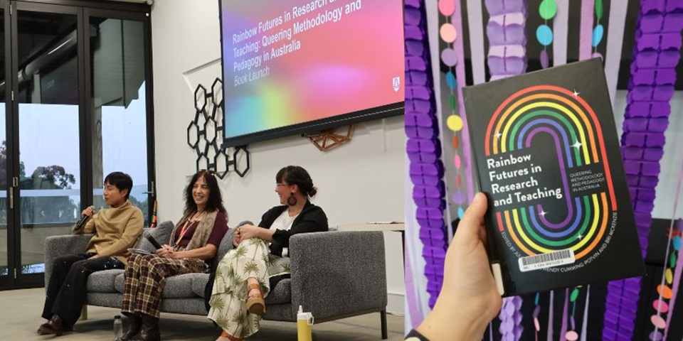 (Left) Three panelists sit side by side, smiling. (Right) A hand holds a copy of the book.
