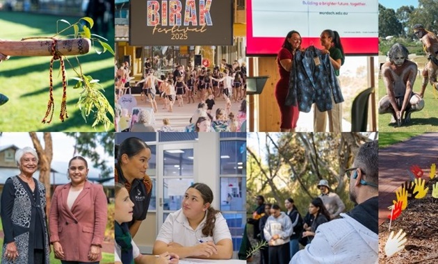 Collage of photos from the First Nations portfolio - people smiling, festival, people on Country.