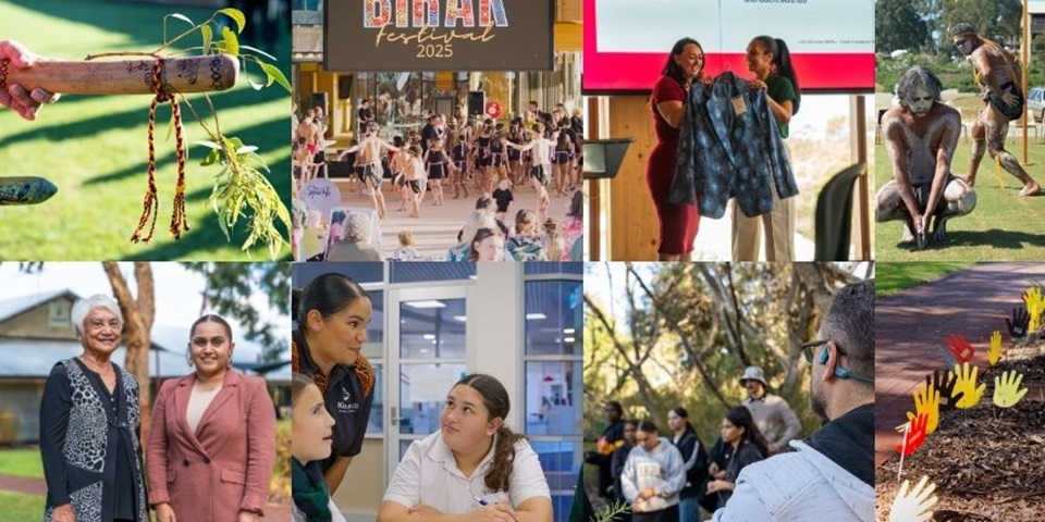 Collage of photos from the First Nations portfolio - people smiling, festival, people on Country.