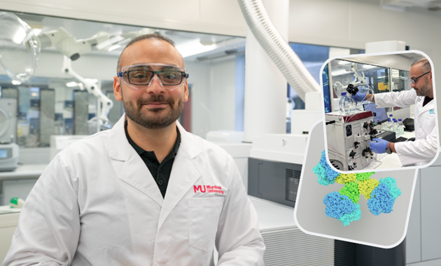 Joseph Boctor standing in the lab, smiling (main image), (small image 1) Joseph using a machine in the lab (small image 2) a stock image of an enzyme.