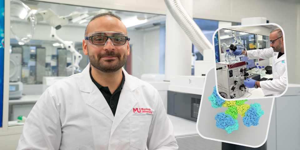 Joseph Boctor standing in the lab, smiling (main image), (small image 1) Joseph using a machine in the lab (small image 2) a stock image of an enzyme.