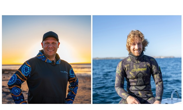 Professor Michael Wear standing by the beach in front of a sunset, and Kurt Krispyn sitting by the water on a boat, in a wetsuit.