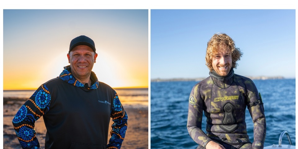 Professor Michael Wear standing by the beach in front of a sunset, and Kurt Krispyn sitting by the water on a boat, in a wetsuit.