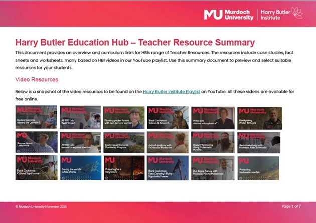 Image of the front page of the Harry Butler Education Hub Teacher Resource Summary
