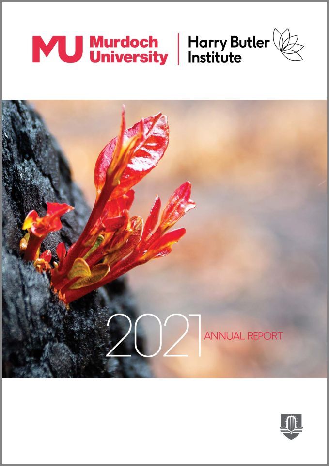 HBI Annual Report 2021 cover image featuring a burnt tree resprout