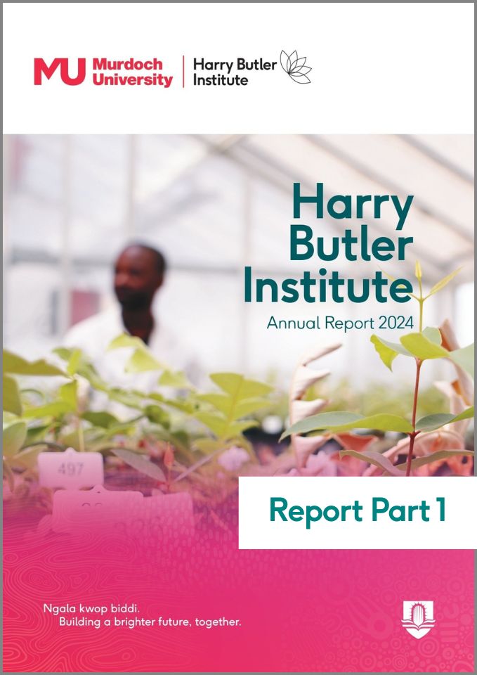 HBI Annual Report 2024 cover image featuring a scientist in a greenhouse