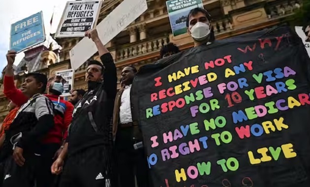 Protest banners and people