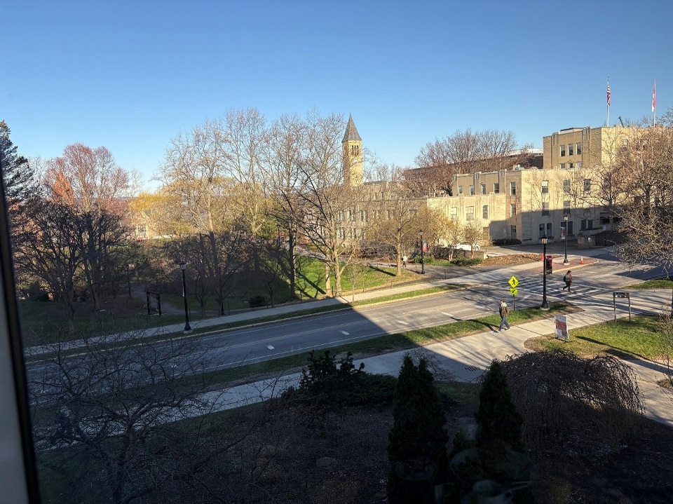 View of the clock tower from the Statler Hotel Breakfast Restaurant at Ithaca Campus of Cornell University