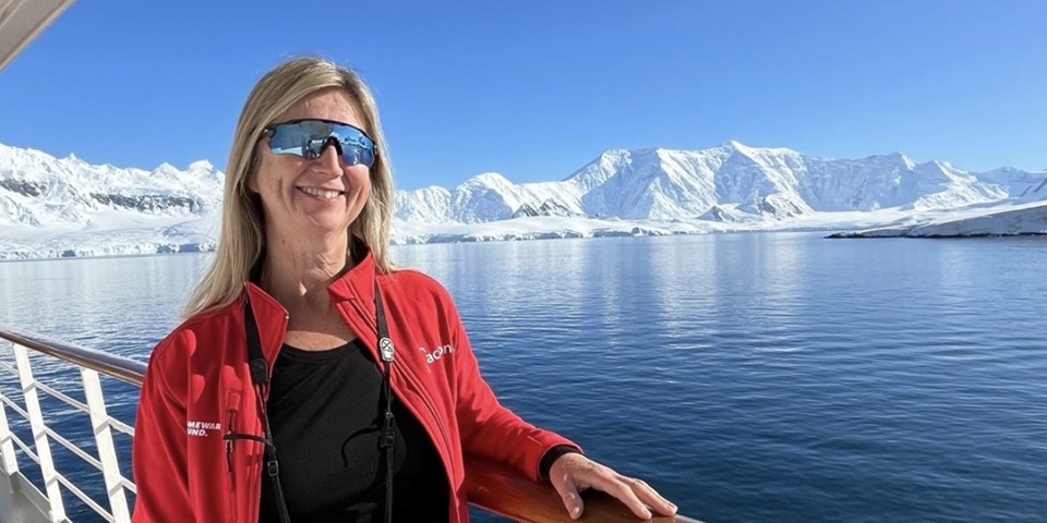 Dr Cassie Berry on ship in Antarctica