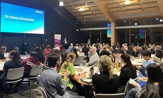 Group of people in a room watching an evening presentation