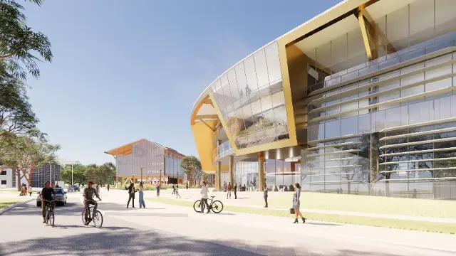 A concept image of a timber and glass building in the style of Boola Katitjin